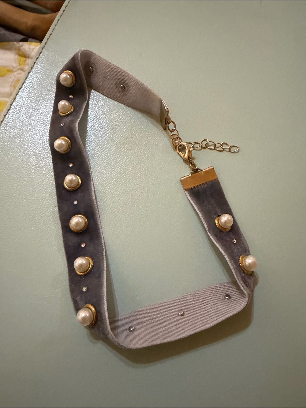 Grey Velvet Pearl Gold Stud Choker Necklace - Vintage
